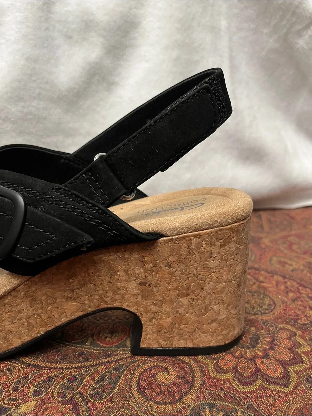 Clarks Nerisa Pace Wedge Heel Sandals - Black Nubuck - NWT - 8.5 Medium